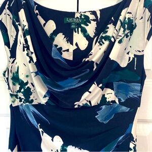 Ralph Lauren Women Blue and White Ruched Sheath Midi Dress Preowned